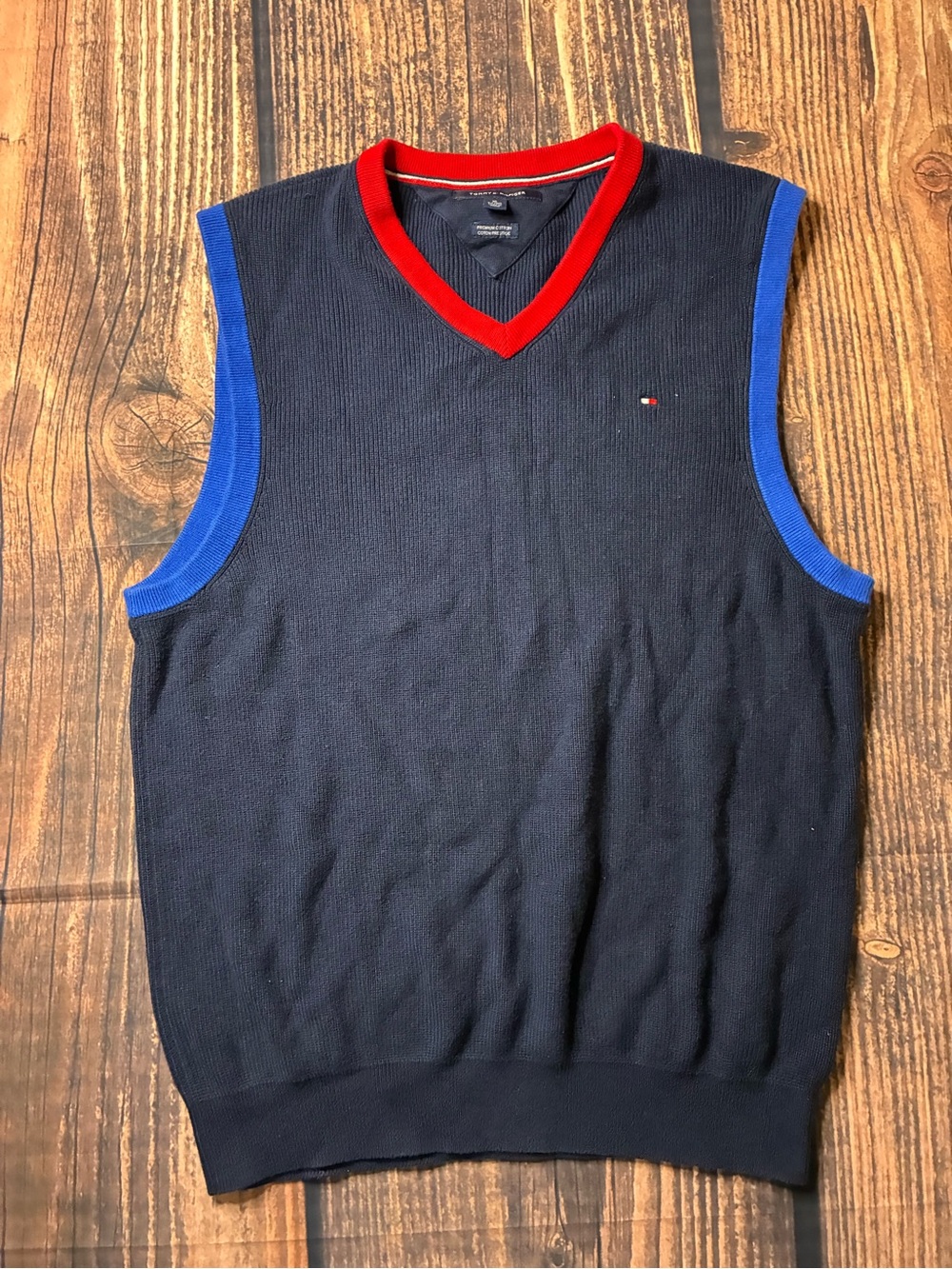 Tommy Hilfiger Navy V-Neck Sweater Vest with Red & Blue Trim
